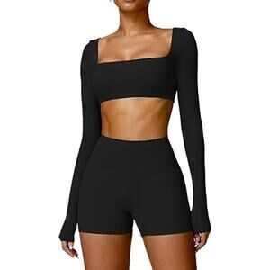 Workout Sets for Women 2 Piece Square Neck Long Sleeve Crop Tops High Waist